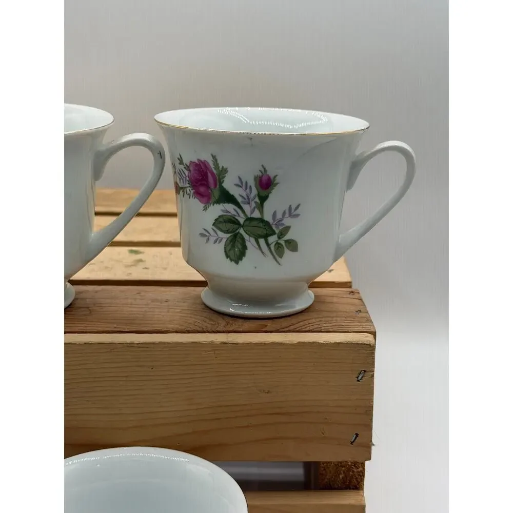 Vintage Pink Rose Porcelain Teacups with Gold Trim – Set of 5